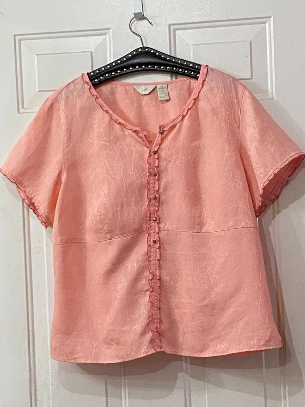 J.Jill Linen Sz 1X Blouse Short Sleeve Ruffle Trim Pinkish Peach  Button Front